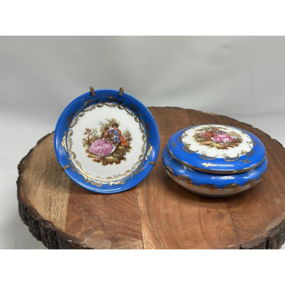 Goudeville Limoges Blue Gold Trim France Trinket & Mini Plate Courting